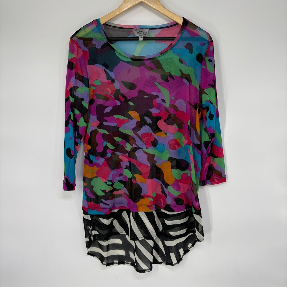 Lynn Ritchie Silver Mesh Abstract Print‎ Striped Hem Top L Artsy Eclectic Indie
